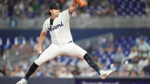 May 6, 2025; Miami, Florida, USA;  Miami Marlins pitcher Cal Quantrill (47) pitches in the first inning against the Los Angeles Dodgers at loanDepot Park. Mandatory Credit: Jim Rassol-Imagn Images