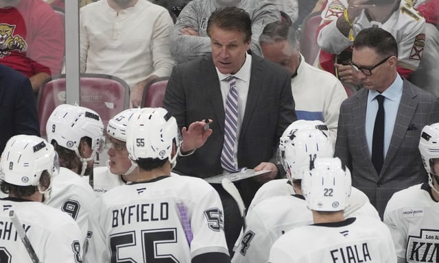 Kings president Luc Robitaille on Tuesday expressed confidence that head coach Jim Hiller, pictured talking to his players during a January game in Sunrise, Florida, will be back next season, though he added that the new GM will have a say in that decision. (AP Photo/Marta Lavandier)