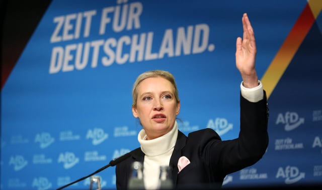 BERLIN, GERMANY - DECEMBER 07: Alice Weidel, co-leader of the far-right Alternative for Germany (AfD) political party, arrives to speak to the media with AfD co-leader Tino Chrupalla shortly after the AfD leadership confirmed Weidel as the party's candidate for chancellor on December 07, 2024 in Berlin, Germany. Germany is scheduled to hold snap parliamentary elections on February 23 following the recent collapse of the federal thee-party coalition government. The AfD is currently in second place in polls at about 18% behind the German Christian Democrats (CDU). (Photo by Maryam Majd/Getty Images)
