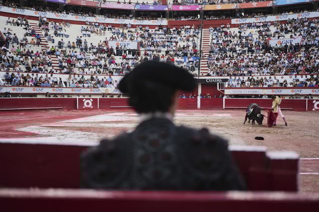 Mexican bullfighter Arturo Gilio partakes in a bullfight in Aguascalientes, Mexico, Sunday, April 27, 2025. (AP Photo/Eduardo Verdugo)