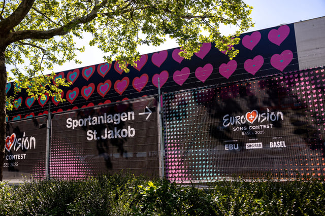 Logos of the Eurovision Song Contest are seen in front of the St. Jakobshalle in Basel, Switzerland, May 1, 2025. REUTERS/Denis Balibouse/File Photo