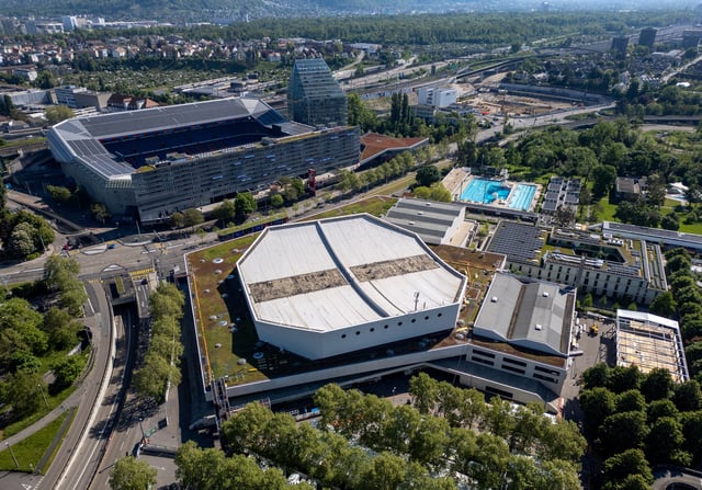A drone view shows St. Jakobshalle ahead of the Eurovision Song Contest in Basel, Switzerland, May 1, 2025. REUTERS/Denis Balibouse/File Photo