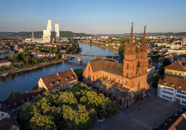 A drone view shows the Basel Muenster Cathedral above the Rhine river and Swiss drugmaker Roche's headquarters ahead of the Eurovision Song Contest in Basel, Switzerland, April 30, 2025. REUTERS/Denis Balibouse/File Photo