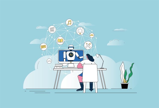 Female white-collar workers use AI to work and communicate with AI.
