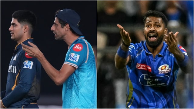 Ashish Nehra (2nd from L) and Hardik Pandya (R) were both fined after MI vs GT match