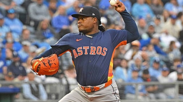 Apr 26, 2025; Kansas City, Missouri, USA;  Houston Astros starting pitcher Framber Valdez (59) throws a pitch in the first inning against the Kansas City Royals at Kauffman Stadium. Mandatory Credit: Peter Aiken-Imagn Images