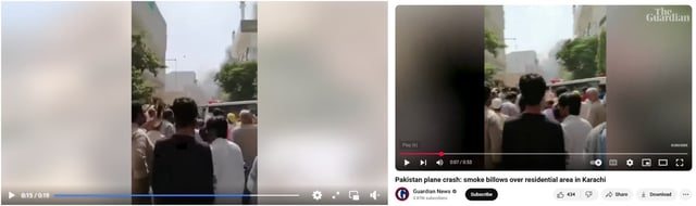 Screenshot comparison of the falsely shared clip (left) and the same footage in the Guardian's video (right)