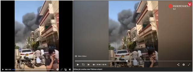 Screenshot comparison of the falsely shared clip (left) and the footage from the Independent's compilation (right)