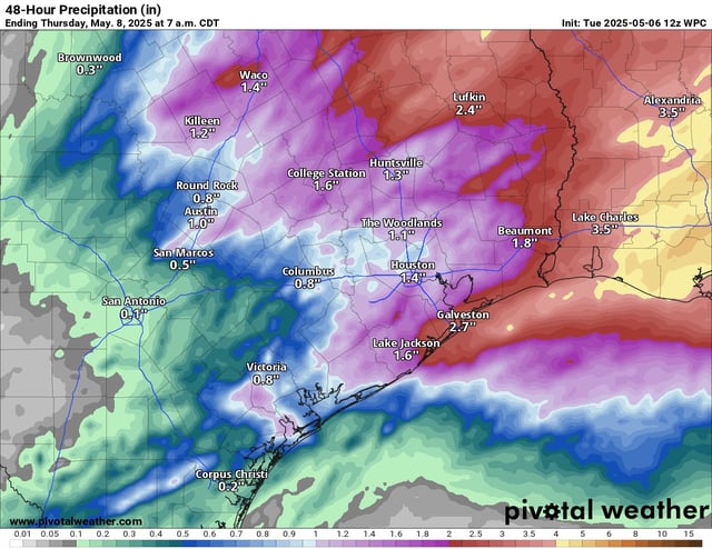 The National Weather Service’s Weather Prediction Center is anticipating additional rainfall totals through Thursday morning of an inch to 2 inches, mainly along and east of Interstate 45. Higher totals are possible, especially toward Louisiana.