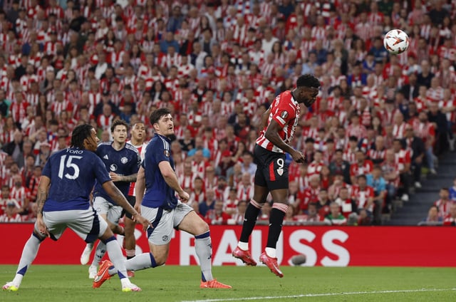Soccer Football - Europa League - Semi Final - First Leg - Athletic Bilbao v Manchester United - San Mames, Bilbao, Spain - May 1, 2025 Athletic Bilbao's Inaki Williams heads at goal REUTERS/Vincent West