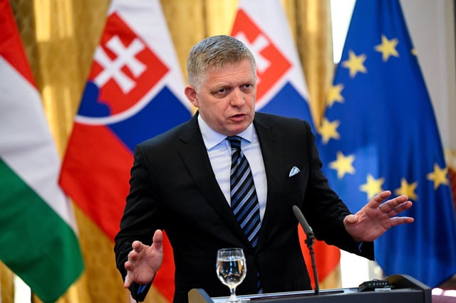 Slovakia's Prime Minister Robert Fico attends a press conference with Hungarian Prime Minister Viktor Orban (not pictured), in Bratislava, Slovakia, April 28, 2025. REUTERS/Radovan Stoklasa