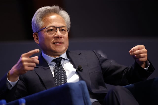 Nvidia&#39;s CEO Jensen Huang speaks on AI at the return of American manufacturing at the Hill and Valley Forum at the U.S. Capitol on April 30, 2025 in Washington, D.C.