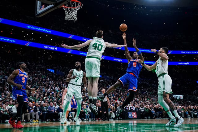 New York Knicks forward OG Anunoby shoots the ball against Boston Celtics center Luke Kornetin boston on May 5, 2025.