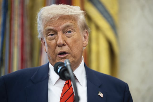 President Donald Trump delivers remarks in the Oval Office at the White House May 6, 2025.