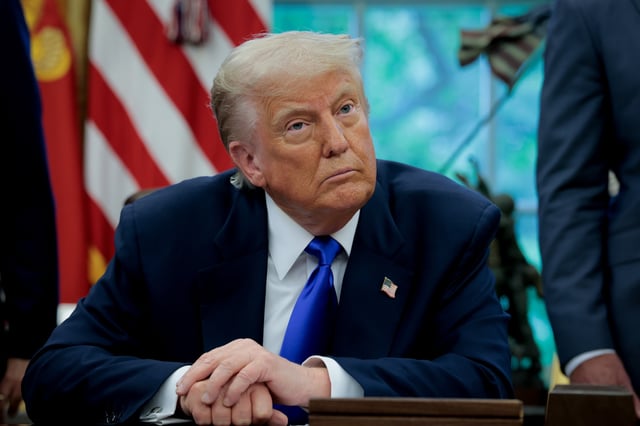 President Donald Trump takes a question from a reporter in the Oval Office at the White House on May 5, 2025, in Washington, D.C.