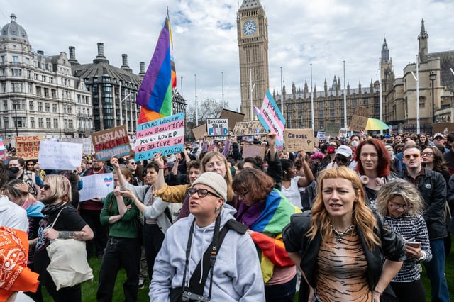 LONDON, ENGLAND - APRIL 19: Transgender people and their allies gather to protest against the Supreme Court definition of an woman at Parliament Square on April 19, 2025 in London, England. The Trans Liberation Emergency Protest was called following this week&#39;s Supreme Court ruling that the legal definition of a woman should be based on biological sex. (Photo by Guy Smallman/Getty Images)