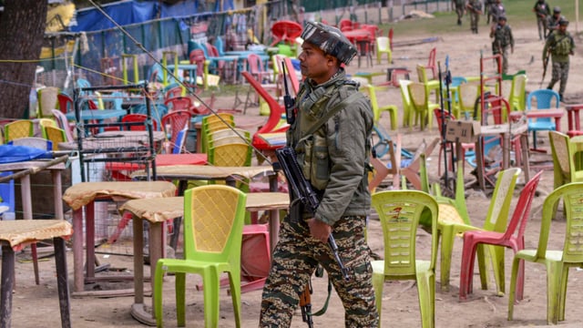 An Indian Army personnel at the site of the Pahalgam terror attack, in Anantnag district in Jammu and Kashmir.