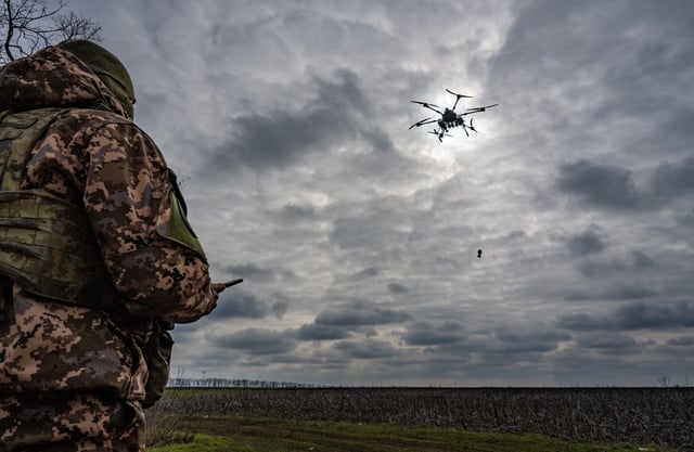 A Ukrainian drone operator tests fly a Ukrainian-made Vampire drone on February 21, 2024 in the Zaporizhzhia Oblast, Ukraine.