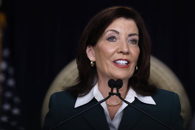 New York Governor Kathy Hochul speaks during a press conference about federal layoffs on March 3, 2025 in New York City.