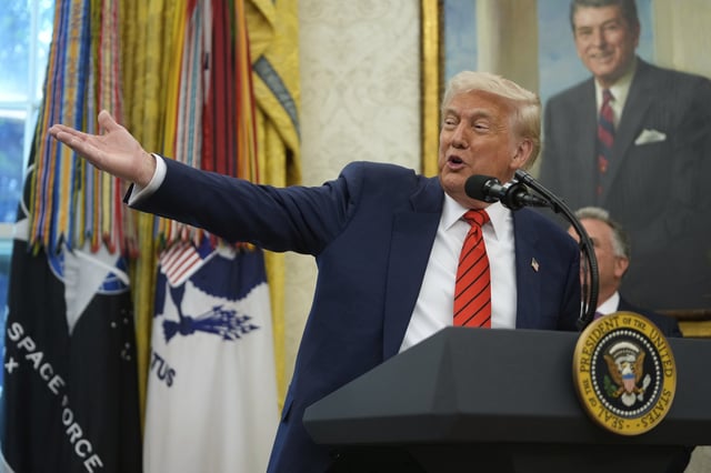 President Donald Trump speaks before Steve Witkoff is sworn as special envoy during a ceremony in the Oval Office of the White House, Tuesday, May 6, 2025, in Washington.