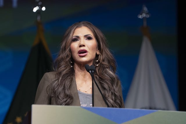 US Secretary of Homeland Security Kristi Noem speaks at the Border Security Expo at the Phoenix Convention Center in Phoenix, Arizona, April 8, 2025.
