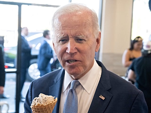 US President Joe Biden speaks to the press as he stops for ice cream at Baskin Robbins in Portland, Oregon, October 15, 2022. (Photo by SAUL LOEB / AFP) (Photo by SAUL LOEB/AFP via Getty Images)