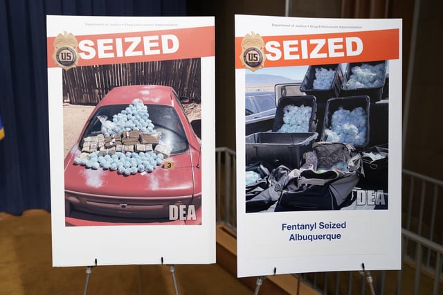 Posters seized drugs are seen before US Attorney General Pam Bondi held a press conference at the Treasury Department in Washington, DC, on May 6, 2025. Bondi announced the outcome of a weeklong, multi-agency enforcement operation targeting one of the largest drug trafficking organizations responsible for trafficking fentanyl and other illicit narcotics.