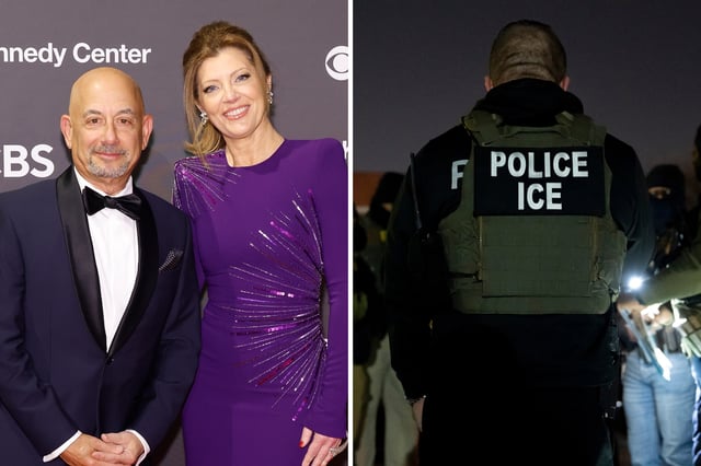 Geoff Tracy and Norah O&#39;Donnell attend the 2024 Kennedy Center Honors at The Kennedy Center on December 08, 2024 in Washington, DC. Right: A U.S. Immigration and Customs Enforcement officer.
