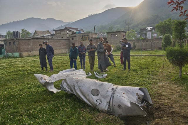 Debris of an aircraft lie in the compound of a mosque at Pampore in Pulwama district of Indian controlled Kashmir, Wednesday, May 7, 2025. 