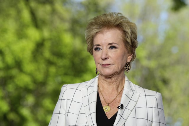 FILE - Education Secretary Linda McMahon does a television interview at the White House, April 16, 2025, in Washington. (AP Photo/Alex Brandon, File)