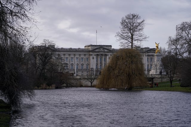 FILE - General view of Buckingham Palace and Queen Victoria Memorial on the day that marks the 70th anniversary of Britain's Queen Elizabeth's accession to the throne, in London, Sunday, Feb. 6, 2022. (AP Photo/Alberto Pezzali, File)