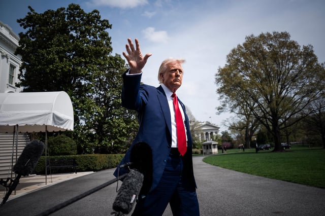 President Donald Trump speaks to reporters on the South Lawn at the White House on April 3 in Washington, DC.