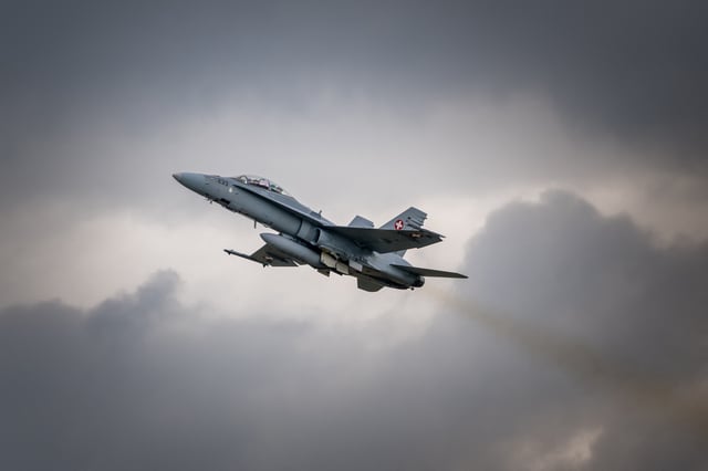 This illustrative image from June 4, 2024, shows an F/A-18 fighter jet taking off during Swiss Air force tests.