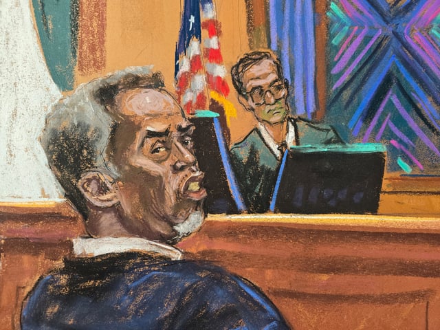 Sean "Diddy" Combs sits before U.S. District Judge Arun Subramanian as jury selection continued at his sex trafficking trial in New York City, New York, U.S., May 6, 2025 in this courtroom sketch. REUTERS/Jane Rosenberg