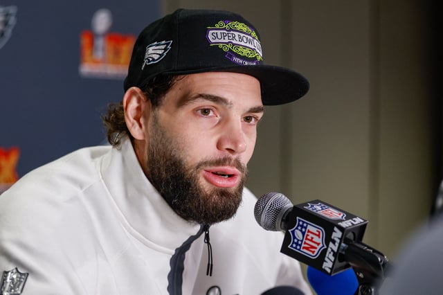 Feb 6, 2025; New Orleans, LA, USA;  Philadelphia Eagles tight end Dallas Goedert (88) during a press conference in advance of Super Bowl LIX at New Orleans Marriott. Stephen Lew-Imagn Images/ File Photo