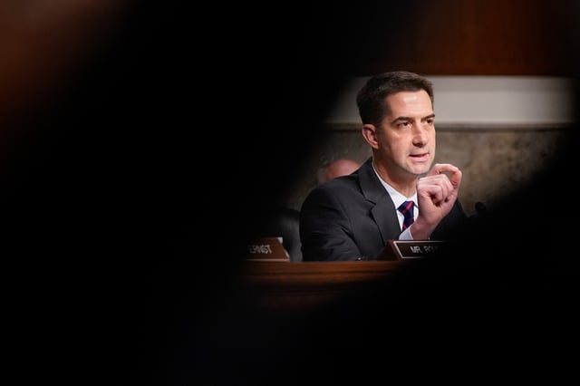 U.S. Senator Tom Cotton (R-AR), a member of the U.S. Senate Armed Services Committee, attends a confirmation hearing of retired U.S. Lt. Gen. John Daniel Caine, U.S. President Donald Trump's nominee to be the next chairman of the Joint Chiefs of Staff, on Capitol Hill in Washington, D.C., U.S., April 1, 2025. REUTERS/Nathan Howard