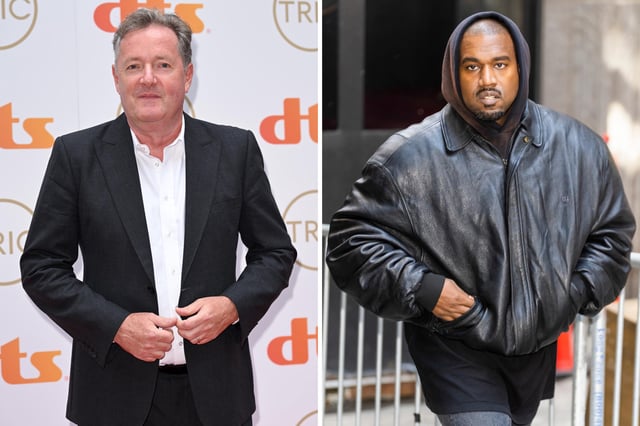 Piers Morgan (L) attends The TRIC Awards at 8 Northumberland Avenue on September 15, 2021 in London, England. Kanye West (R) attends the Balenciaga Spring 2023 Fashion Show at the New York Stock Exchange on May 22, 2022 in New York City.
