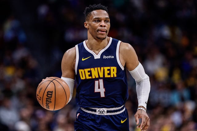Denver Nuggets guard Russell Westbrook against the Los Angeles Lakers in Denver on March 14, 2025.