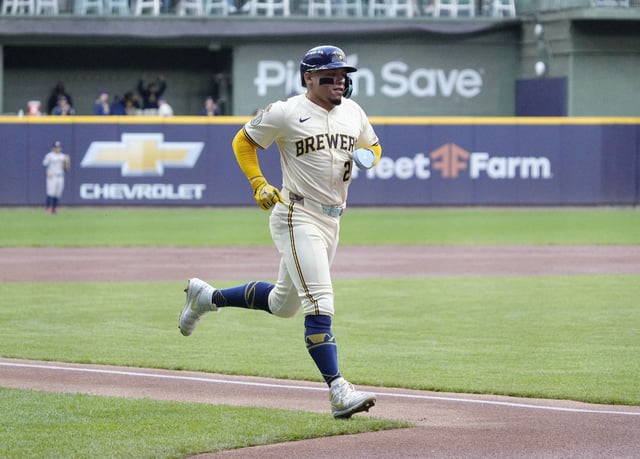 May 6, 2025; Milwaukee, Wisconsin, USA; Milwaukee Brewers catcher William Contreras (24) scores a run against the Houston Astros in the first inning at American Family Field. Mandatory Credit: Michael McLoone-Imagn Images/File Photo