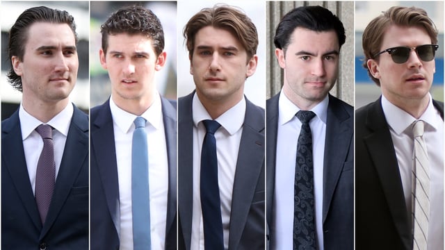 A composite image of five photographs show former members of Canada's 2018 World Juniors hockey team, left to right, Alex Formenton, Cal Foote, Michael McLeod, Dillon Dube and Carter Hart as they individually arrived to court in London, Ont., on April 30, 2025. THE CANADIAN PRESS/Nicole Osborne