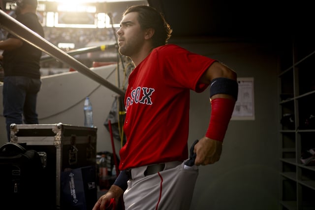 MONTERREY, MEXICO - MARCH 25: Marcelo Mayer #39 of the Boston Red Sox looks on from the dugout before a game against the Monterrey Sultanes on March 25, 2025 at Estadio Mobil Super in Monterrey, Mexico.