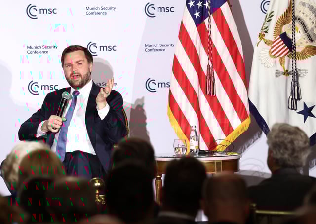 U.S. Vice President JD Vance participates in a discussion at a Munich Security Conference event in Washington, D.C., U.S., May 7, 2025. REUTERS/Kevin Lamarque