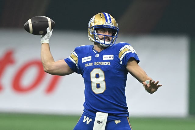 Nov 17, 2024; Vancouver, British Columbia, CAN;   Winnipeg Blue Bombers quarterback Zach Collaros (8) looks to throw a pass during the fourth quarter against Toronto Argonauts at BC Place. Mandatory Credit: Anne-Marie Sorvin-Imagn Images/File Photo