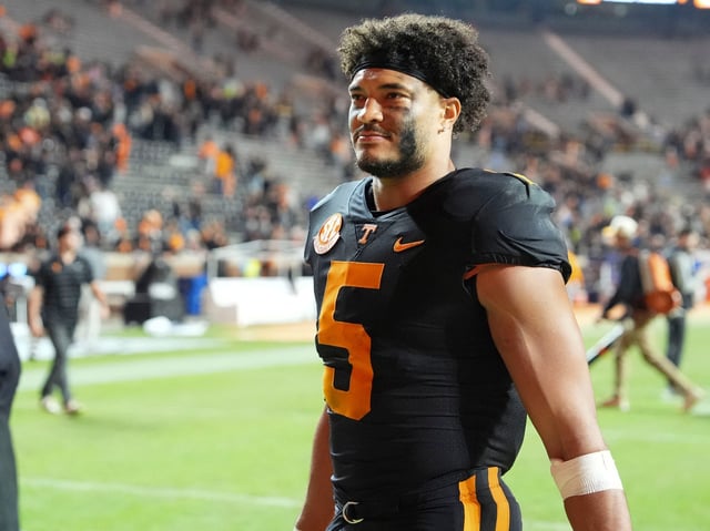 Nov 2, 2024; Knoxville, Tennessee, USA; Tennessee Volunteers wide receiver Bru McCoy (5) walks off the field after defeating the Kentucky Wildcats at Neyland Stadium. Mandatory Credit: Saul Young/USA TODAY Network via Imagn Images/File Photo
