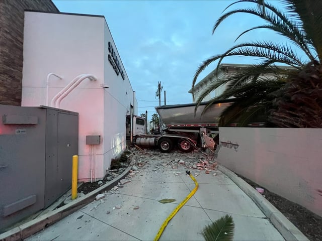 Two people were hurt when a big rig crashed into a Starbucks coffee shop on North Coast Highway near state Route 76 in Oceanside Wednesday morning. (Oceanside Fire Department)