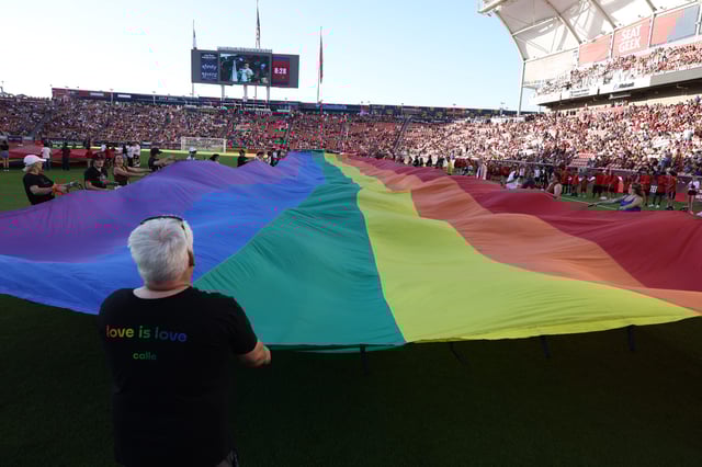 Jun 22, 2024; Sandy, Utah, USA; General view of a pride flag on the field before the first half between the LA Galaxy and Real Salt Lake at America First Field.