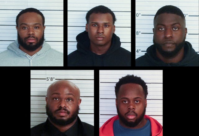 A combination photo of mugshots shows the Memphis police officers charged with second-degree murder in the death of Tyre Nichols, the young Black man who died three days after he was pulled over and beaten by Memphis police, in Memphis, Tennessee in these photos released to Reuters on January 27, 2023. The officers are clockwise from top left Demetrius Haley, Justin Smith, Emmitt Martin III, Tadarrius Bean and Desmond Mills Jr..  Shelby County Sheriff's Office/Handout via REUTERS/File Photo
