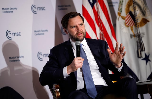Vice President JD Vance delivers remarks to the Munich Leaders Meeting, hosted by the Munich Security Conference, at the Willard Hotel on May 7 in Washington, DC.