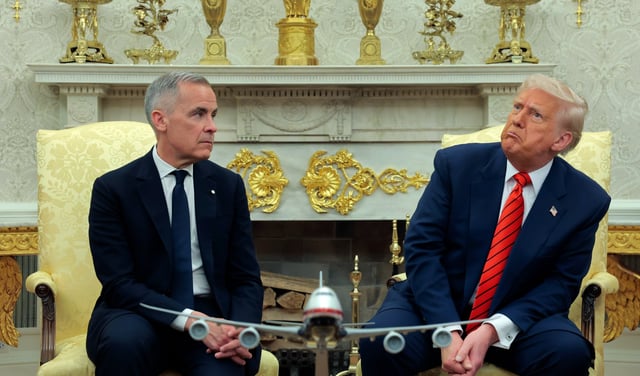 President Donald Trump (R) meets with Canadian Prime Minister Mark Carney in the Oval Office at the White House on May 6, 2025 in Washington, D.C. 