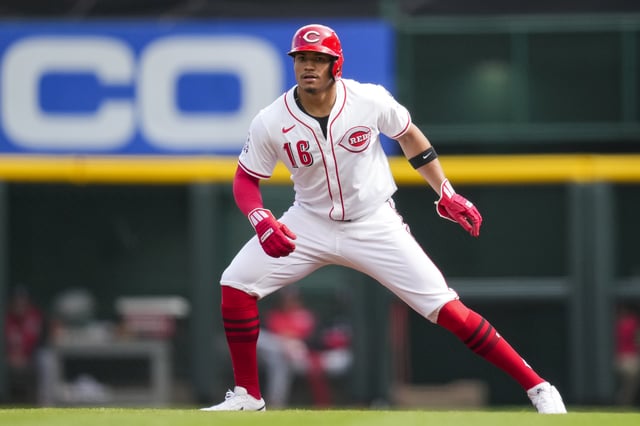 May 4, 2025; Cincinnati, Ohio, USA;  Cincinnati Reds third baseman Noelvi Marte (16) takes his lead from first base against the Washington Nationals at Great American Ball Park. Mandatory Credit: Aaron Doster-Imagn Images/File Photo
